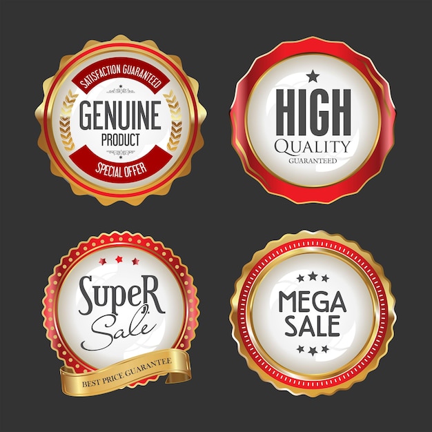 Collection of gold and red super sale badges and labels