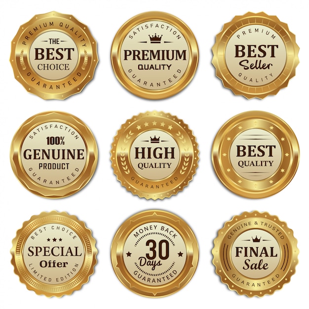 Collection of golden badges and labels quality product