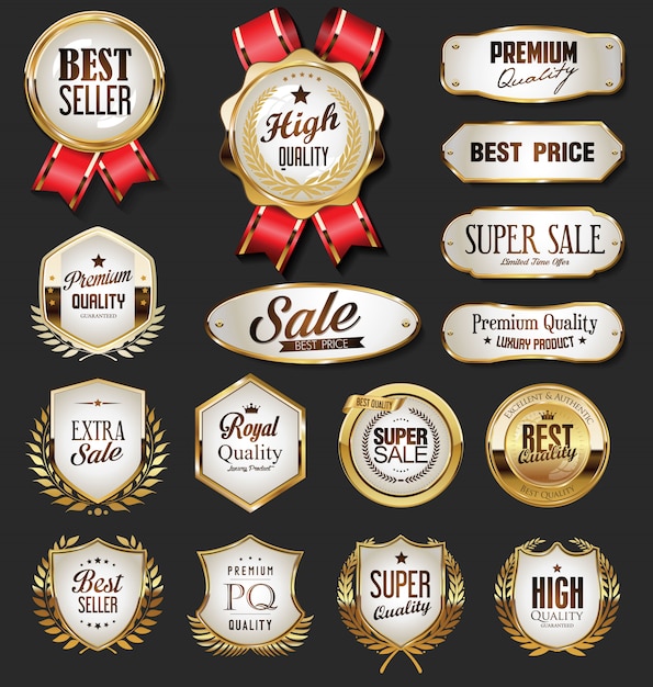 Collection of golden badges and labels retro style