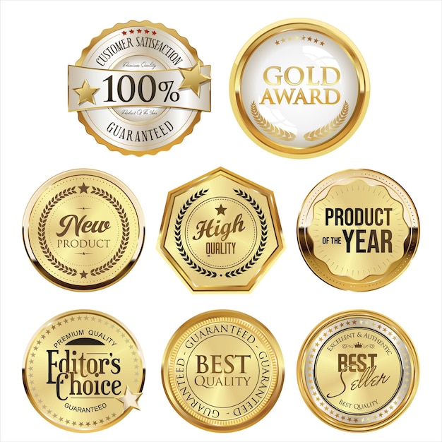 Collection of golden badges and labels retro style