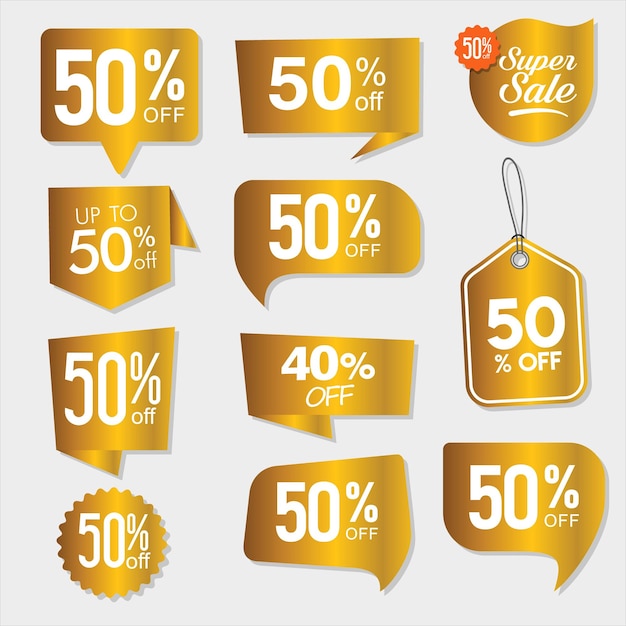 Collection of golden badges and labels retro super sale style