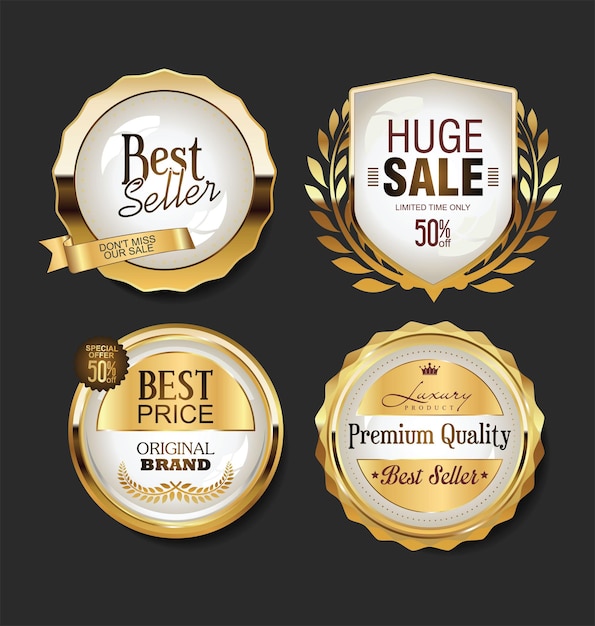 Collection of golden badges labels and tags