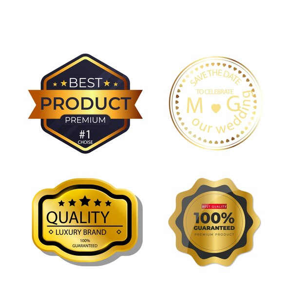 Vector collection of golden and silver badges and labels different shapes