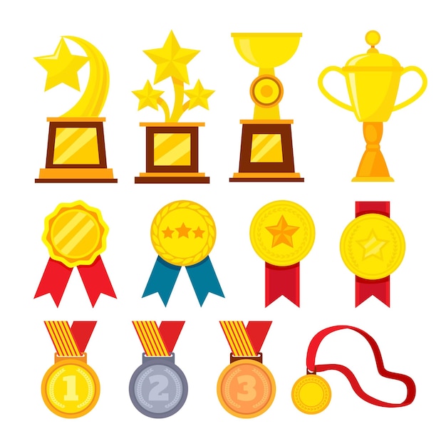 Collection of golden trophy, silver and bronze medals, cups and badges vector flat illustration.