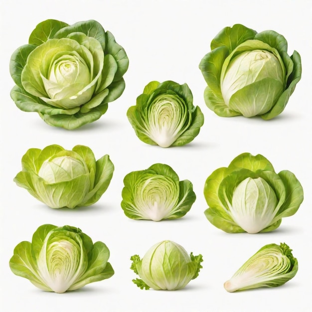 a collection of green cabbages with the top left