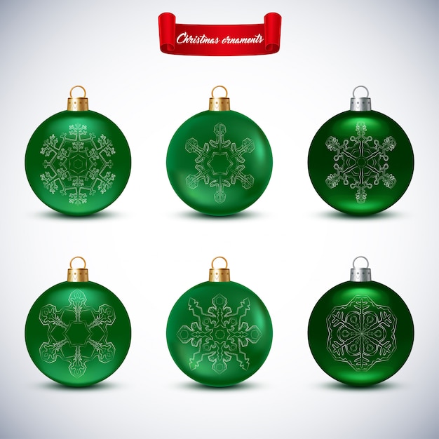 Collection of green Christmas Balls on white