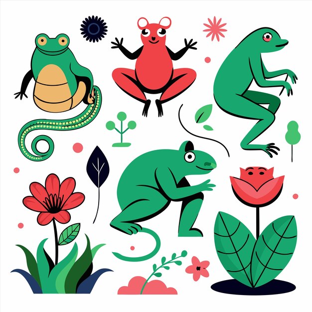 Vector a collection of green frogs and flowers including a frog lizard and flowers