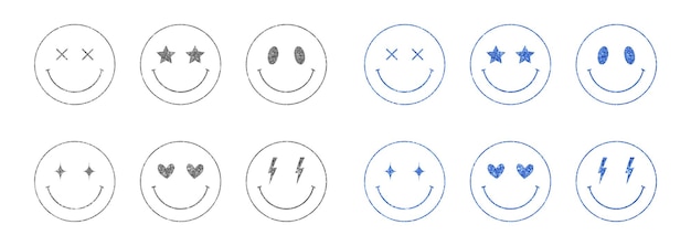 Collection grey and blue glitter smiley faces with stars, hearts, lightning