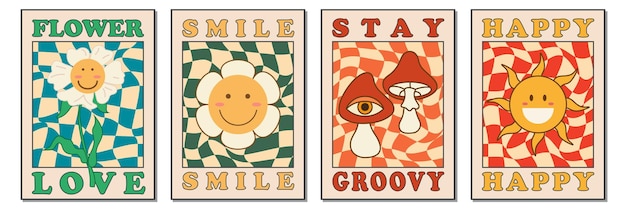 Collection groovy posters set 70s Retro poster with psychedelic flowers and mushrooms smile face sun happy summer or spring Vintage prints Flat vector illustration