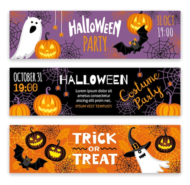 Collection of halloween banner templates.  Cute characters. Invitations or greeting cards.