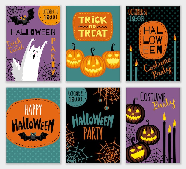 Collection of halloween banner templates.  Cute characters. Invitations or greeting cards.