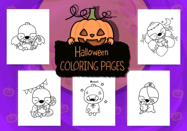 Collection of Halloween Coloring Pages. Set of Cute Halloween Sloth for Coloring Page.