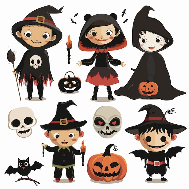 Vector a collection of halloween costumes including a boy and a witch