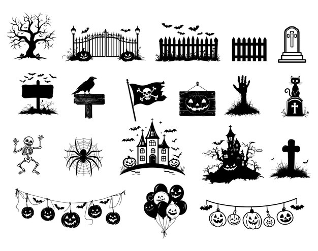 Vector collection of halloween decoration branch tree signboard zombie hand garland skeleton balloons dead tree haunt house vector linear silhouette illustration