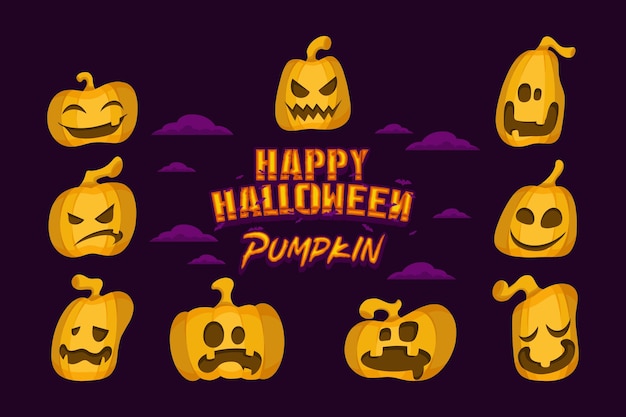 Collection halloween funny pumpkin icon with face template design