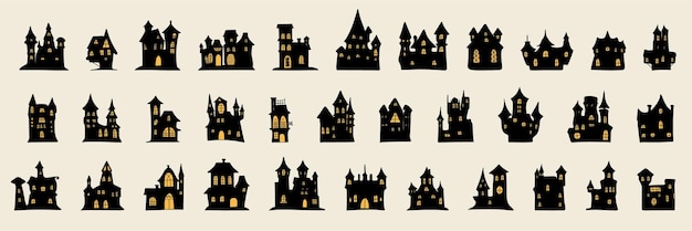 Collection of Halloween houses silhouette with lights windows Large set of Halloween house in black