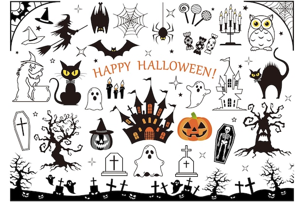 a collection of halloween icons including a pumpkin witch and a castle