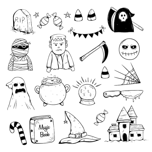 Vector collection of halloween icons with doodle or sketch style