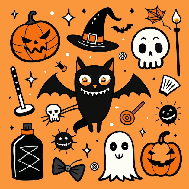 a collection of halloween items including a black cat and a witch