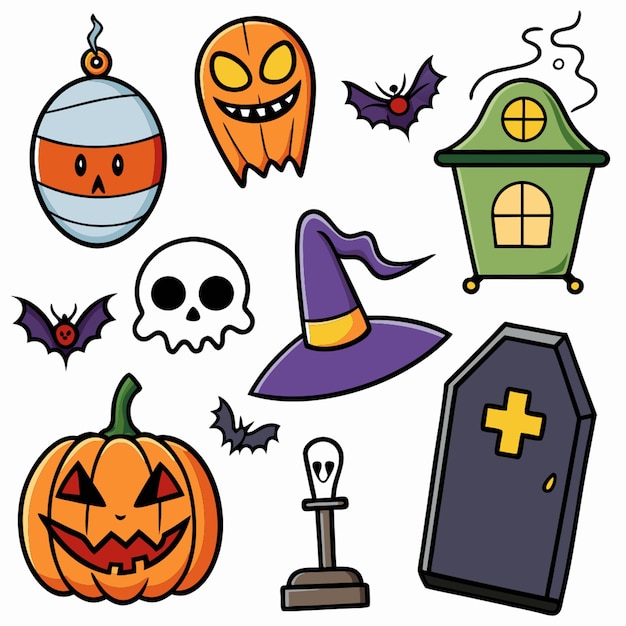 Vector a collection of halloween items including a pumpkin witch and a cross