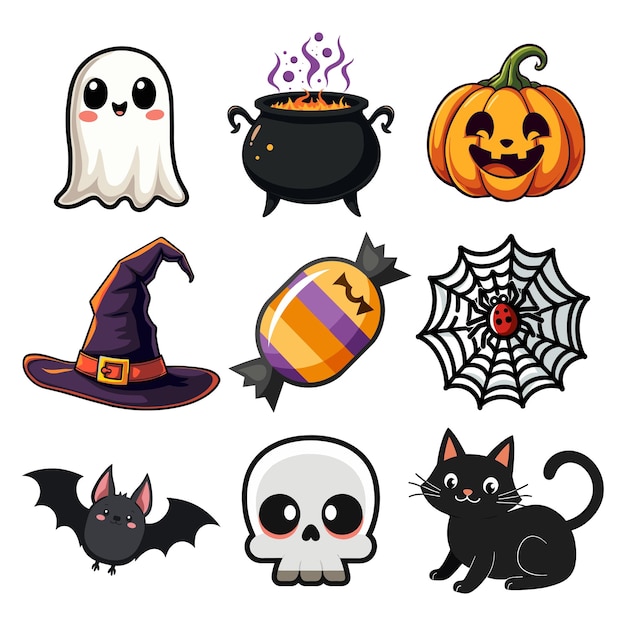 Vector a collection of halloween items including a witch a witch and a pumpkin