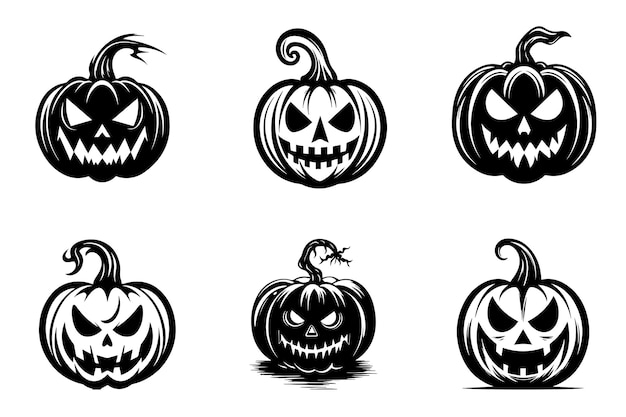 Collection of Halloween pumpkins carved faces silhouettes Scary faces of Halloween pumpkin