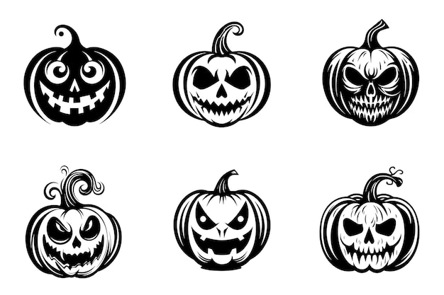 Collection of Halloween pumpkins carved faces silhouettes Scary faces of Halloween pumpkin