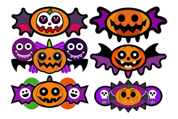 a collection of halloween pumpkins with a purple and green leafy design