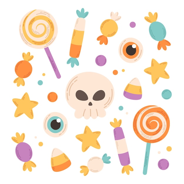 Collection of Halloween sweets, candies, candy corn, lollipops, scary eyes,skull. Happy Halloween