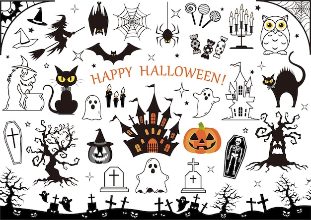 a collection of halloween symbols including a castle and a castle