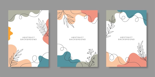 Collection of hand drawn abstract design backgrounds with pastel colors and plant ornaments