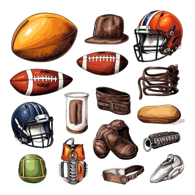 Collection of hand drawn American football items Rugby elements