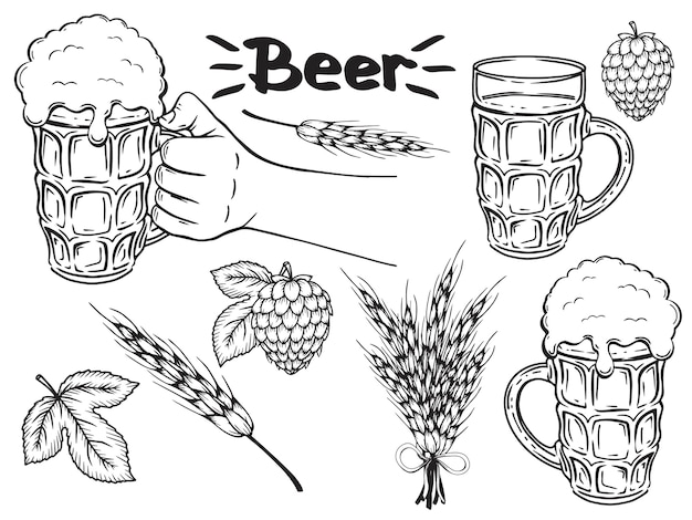 Collection of hand drawn beer accessories.   Monochrome. Isolated on white.