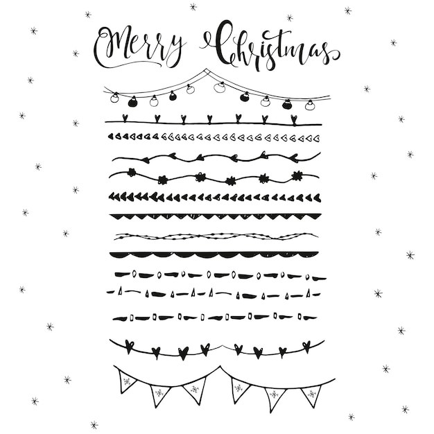 Collection of hand drawn christmas borders with lettering. Cute and unique ink swirls and dividers for your design. Vector.