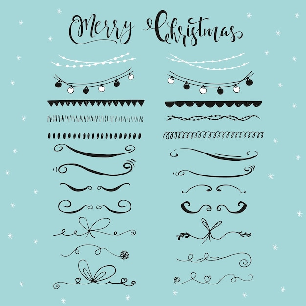 Collection of hand drawn christmas borders with lettering. Cute and unique ink swirls and dividers for your design. Vector.