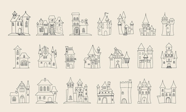 Collection of hand drawn doodle houses Retro doodle houses set icons Vector illustration