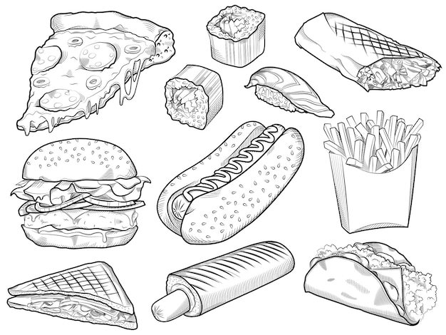 Collection of hand drawn fast food food on whiteboard