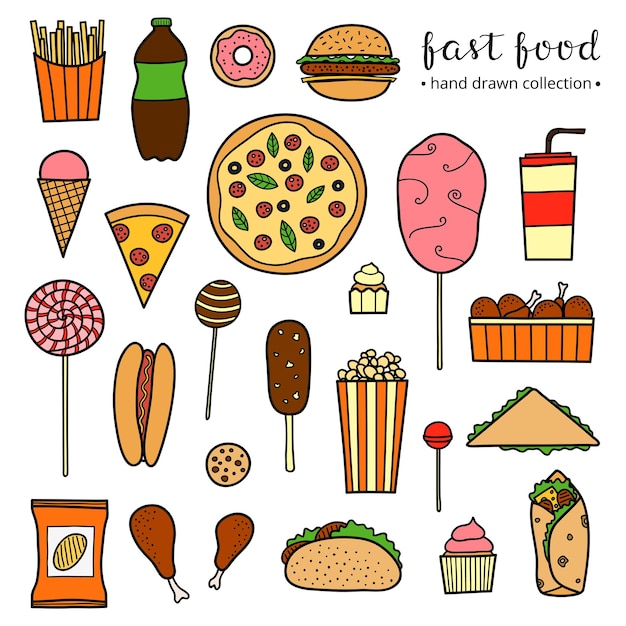 Collection of hand drawn fast food meals including pizza burger ice cream cake hot dog chicken taco cotton candy lemonade chips fries sandwich donut isolated on white background