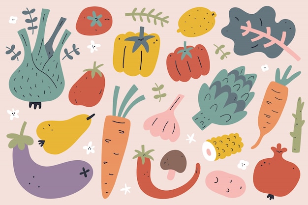 Collection of hand drawn fruits and vegetables, isolated illustrations