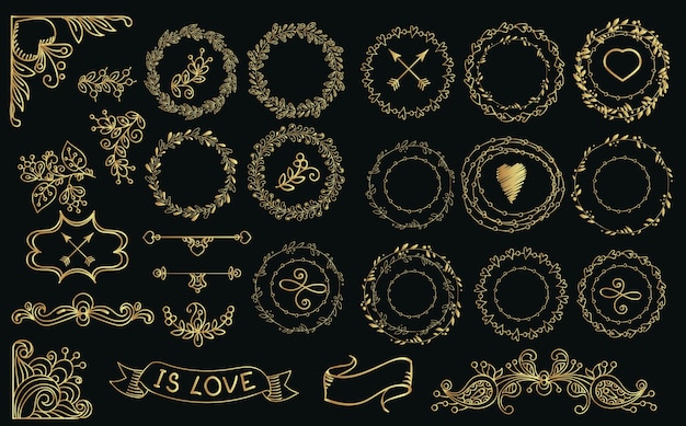 Collection of hand drawn gold laurels and wreaths.