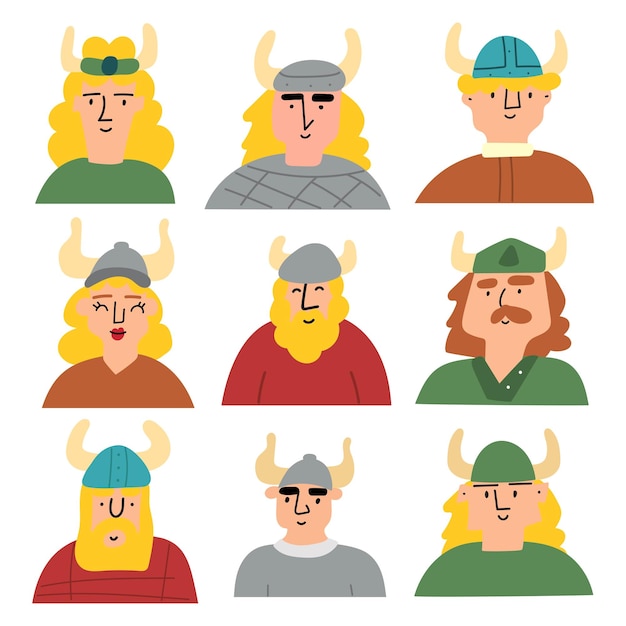 Collection of hand drawn icons. Vikings. Illustrations on white background.