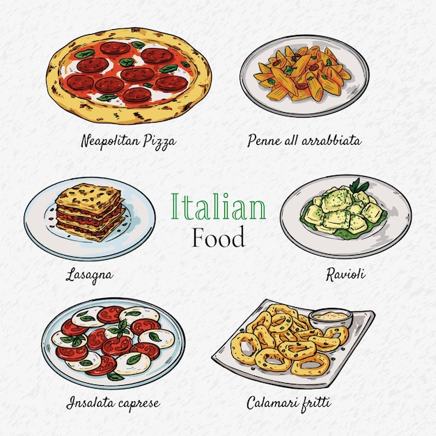 Vector collection of hand drawn italian food illustration pizza lasagna calamari penne pasta and ravioli