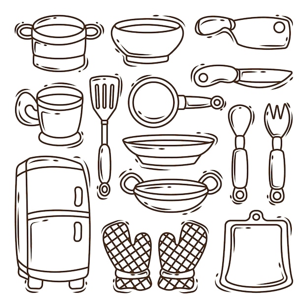 Collection of hand drawn kitchen equipment cartoon doodle style coloring