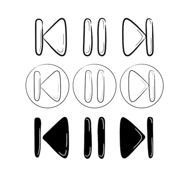 A collection of hand-drawn music and video rewind and stop icon sets. Start play and pause button.