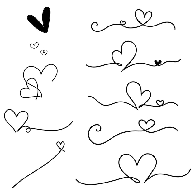 Collection of hand drawn outline hearts for wedding invitation and card Design on white background