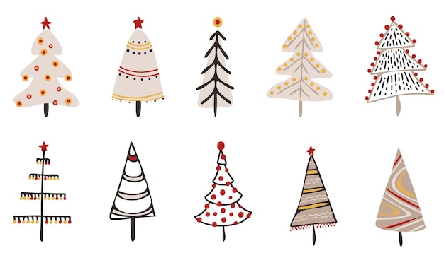 Collection of hand drawn winter Christmas trees Whimsical doodles Red and beige New Year trees Holiday set Cartoon Clipart