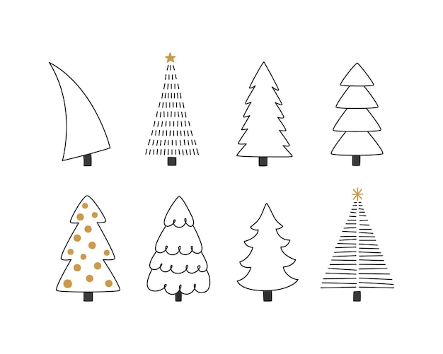 Collection of hand drawn winter trees and stars Whimsical doodles