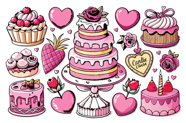 Vector a collection of handdrawn cartoonstyle pink and white cakes cupcakes and hearts perfect for valentine39s day or a wedding