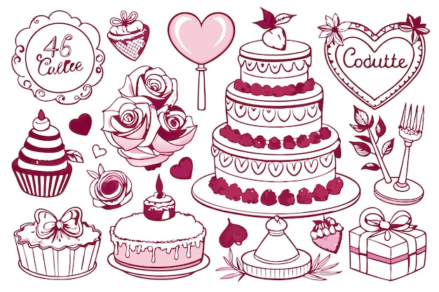 Vector a collection of handdrawn illustrations of pink and white wedding themed elements including a cake roses hearts and cupcakes