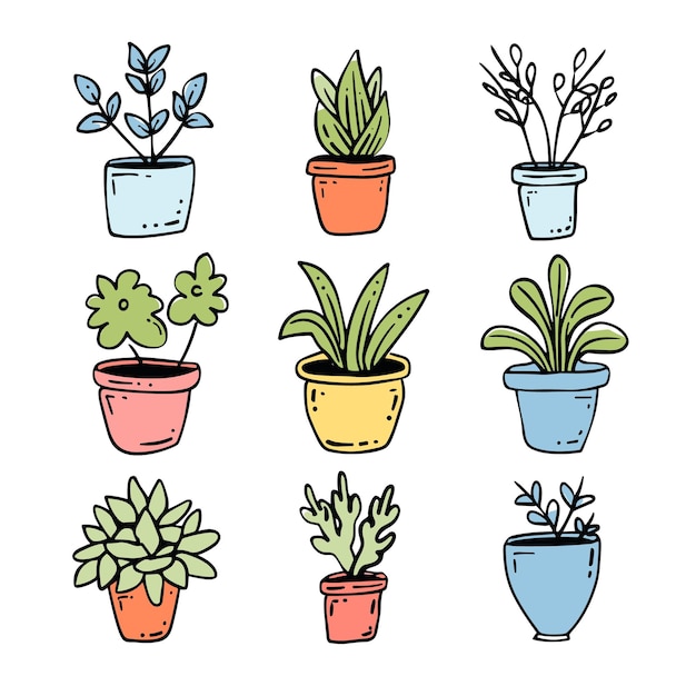 Collection handdrawn potted plants colorful planters houseplants doodle indoor gardening